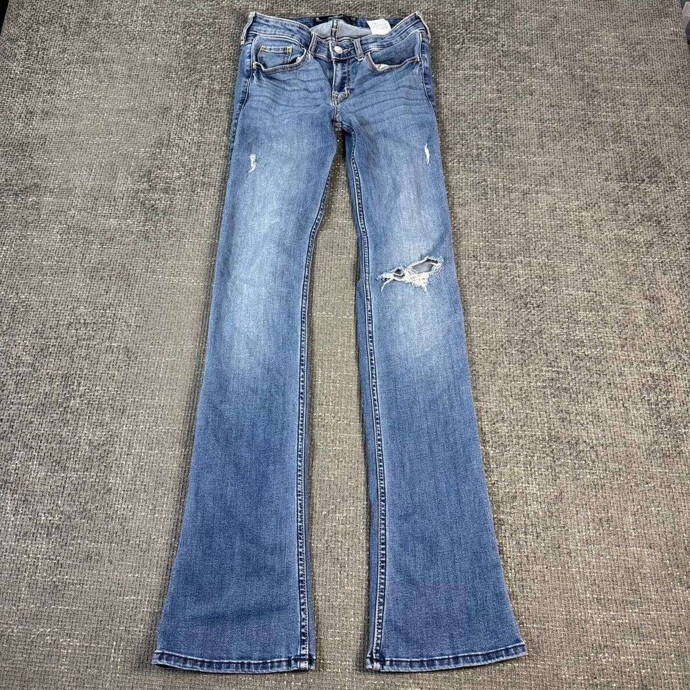 Hollister Low-Rise Bootcut Jeans Womens 0L W24 L33 Blue Distressed Y2K Flare